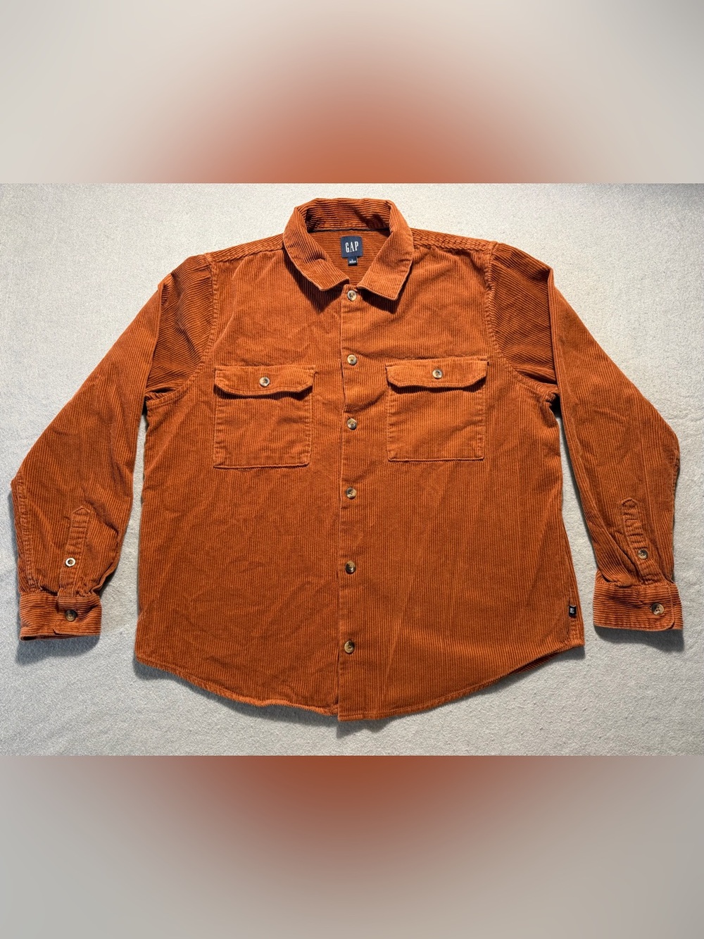 GAP Mens Large Corduroy Shirt Rust Orange Cotton Workwear Utility Button Up